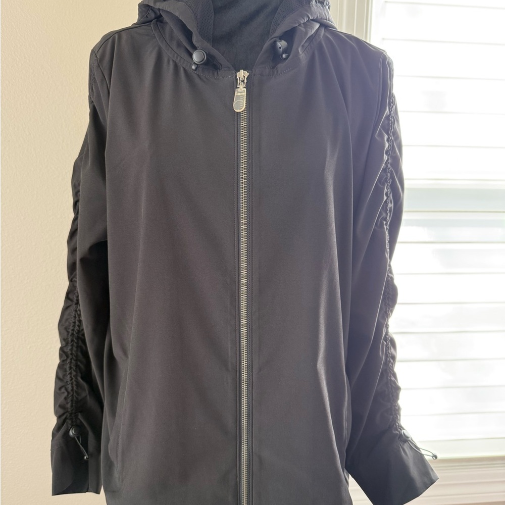 Chico’s Women's Black Hooded Jacket with Ruched Sleeves